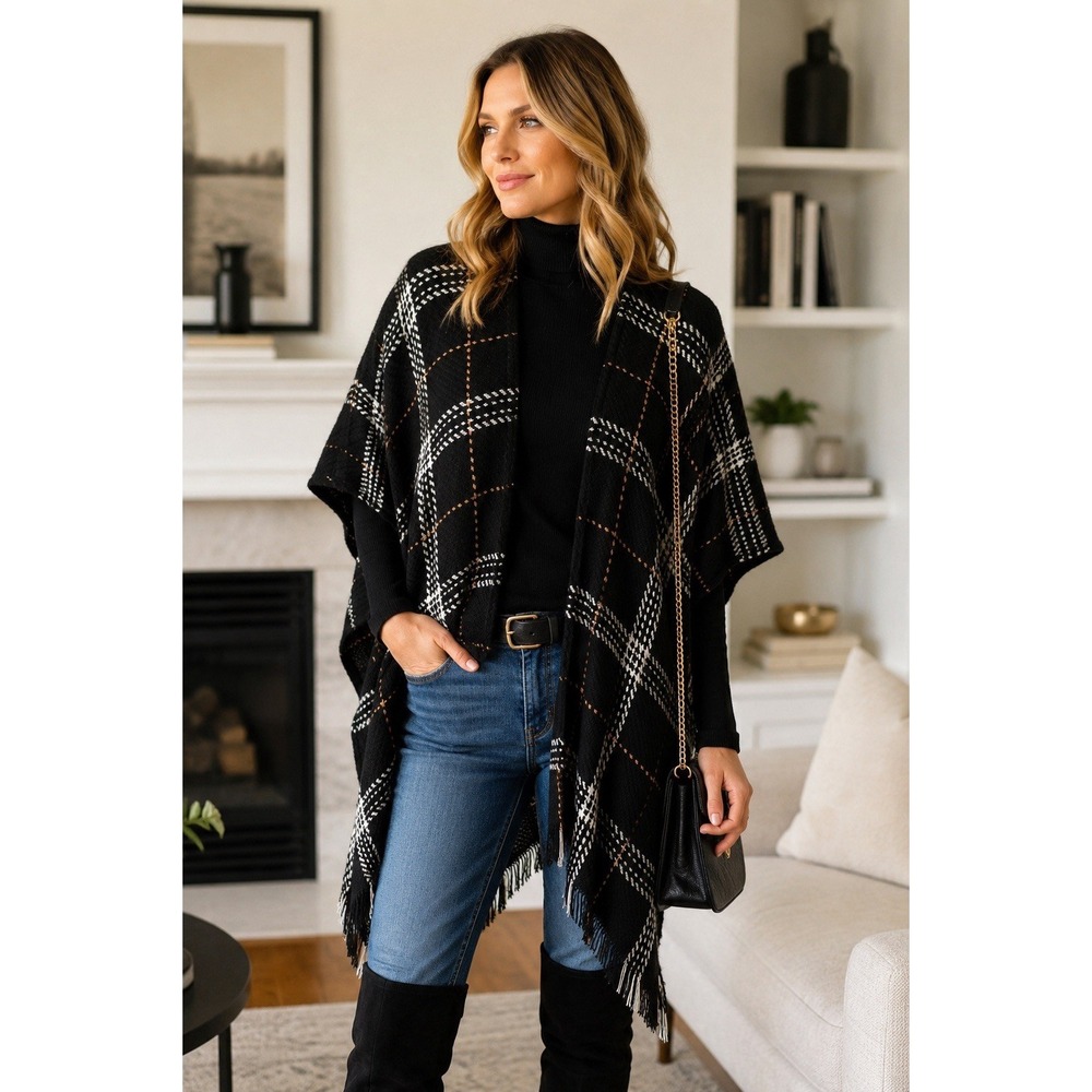 LOFT Black Plaid Open Front Poncho Cardigan Ruana Fringe‎ Knit Wrap Layer